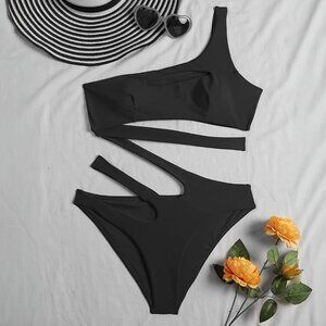 Women's One Shoulder Cut Out One Piece Solid Black Bathing Suit